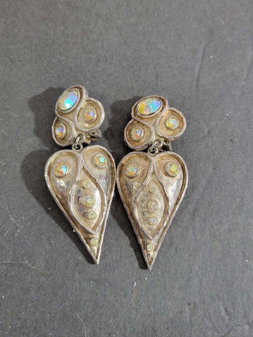 Vintage Silver Tone Large Puffy Heart Clip On Earrings Rhinestone Statement 80s